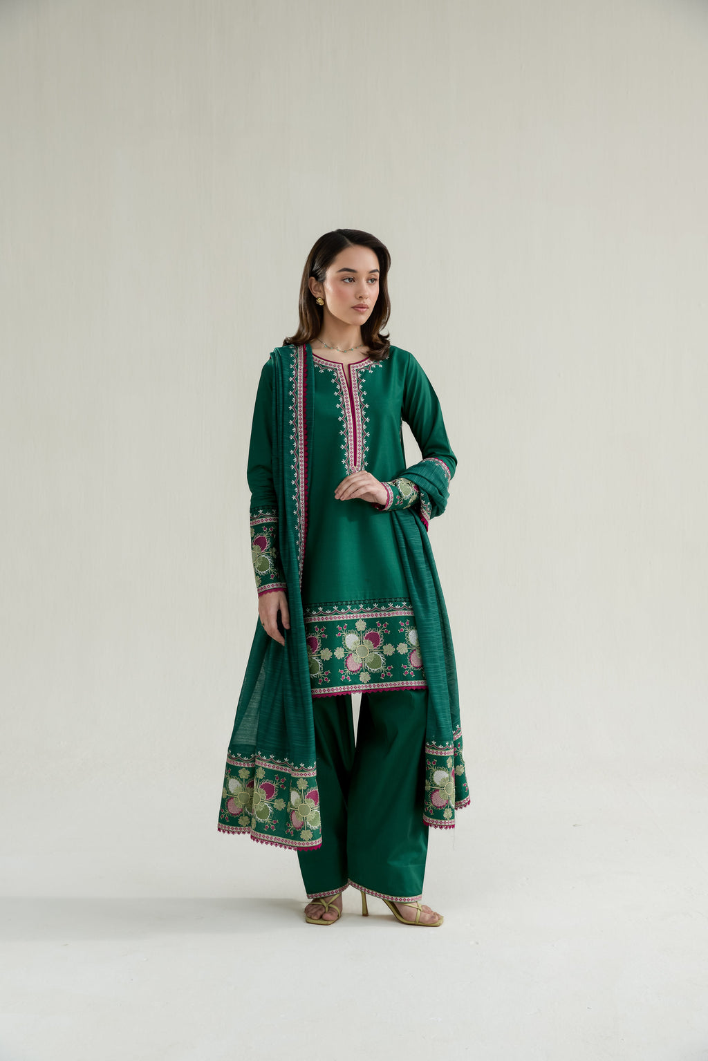 EMERALD GREEN LUXURY EMBROIDERED LAWN 3PCS SET (NPA3-26413) - READY TO WEAR /READY TO SHIP