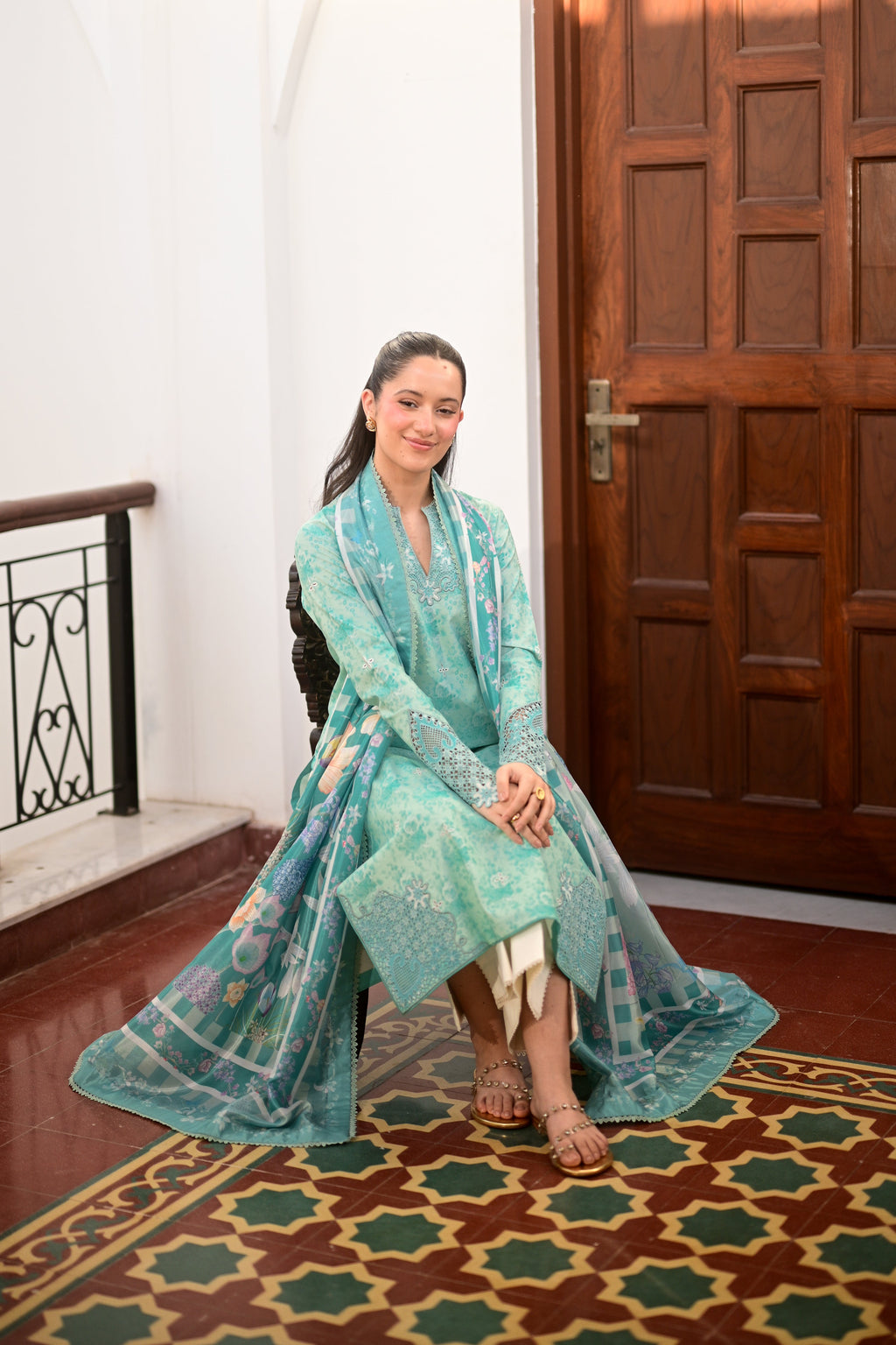 AQUA GARDEN LUXURY PRINTED EMBROIDERED LAWN SET (NEL-26621) /READY TO SHIP
