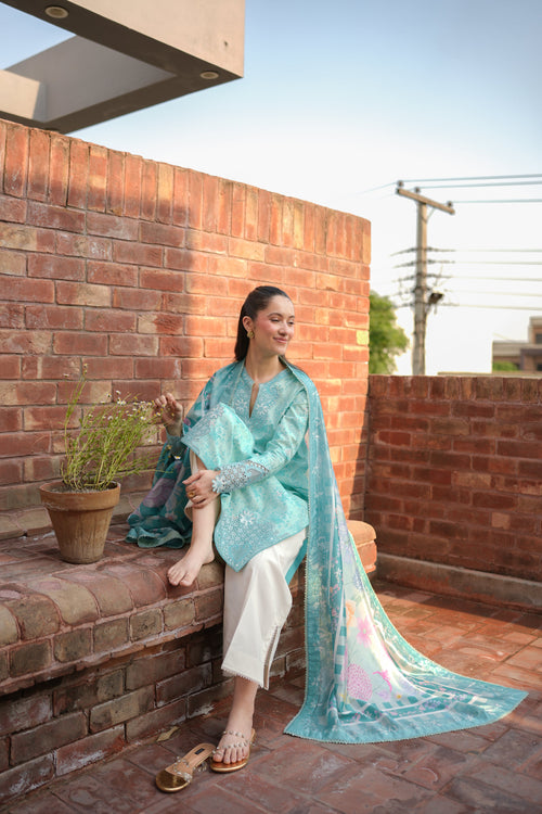 AQUA GARDEN LUXURY PRINTED EMBROIDERED LAWN SET (NEL-26621) /READY TO SHIP
