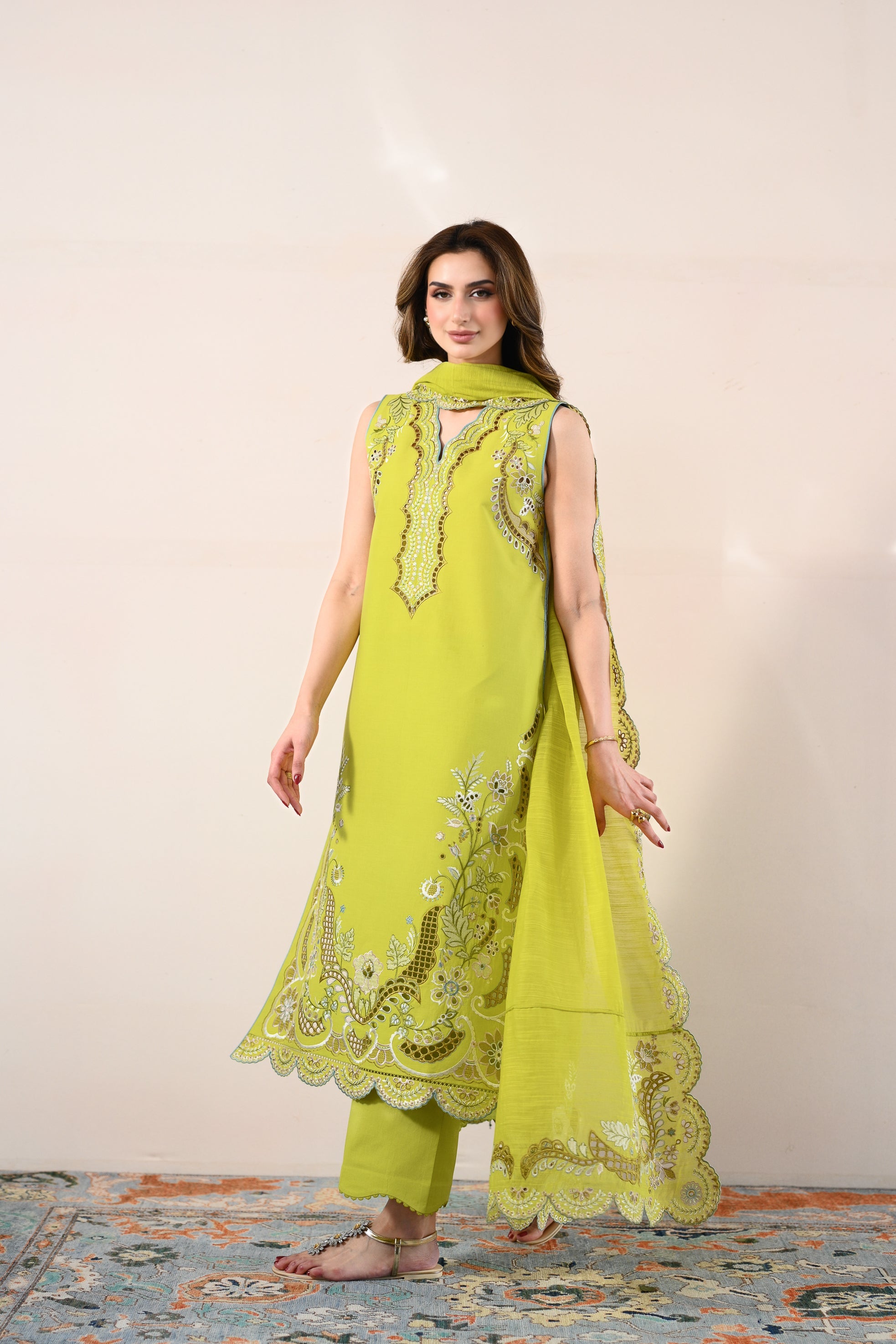 LIME GREEN LUXURY EMBROIDERED LAWN 3PCS SET (NPA3-26416) - READY TO WEAR / READY TO SHIP
