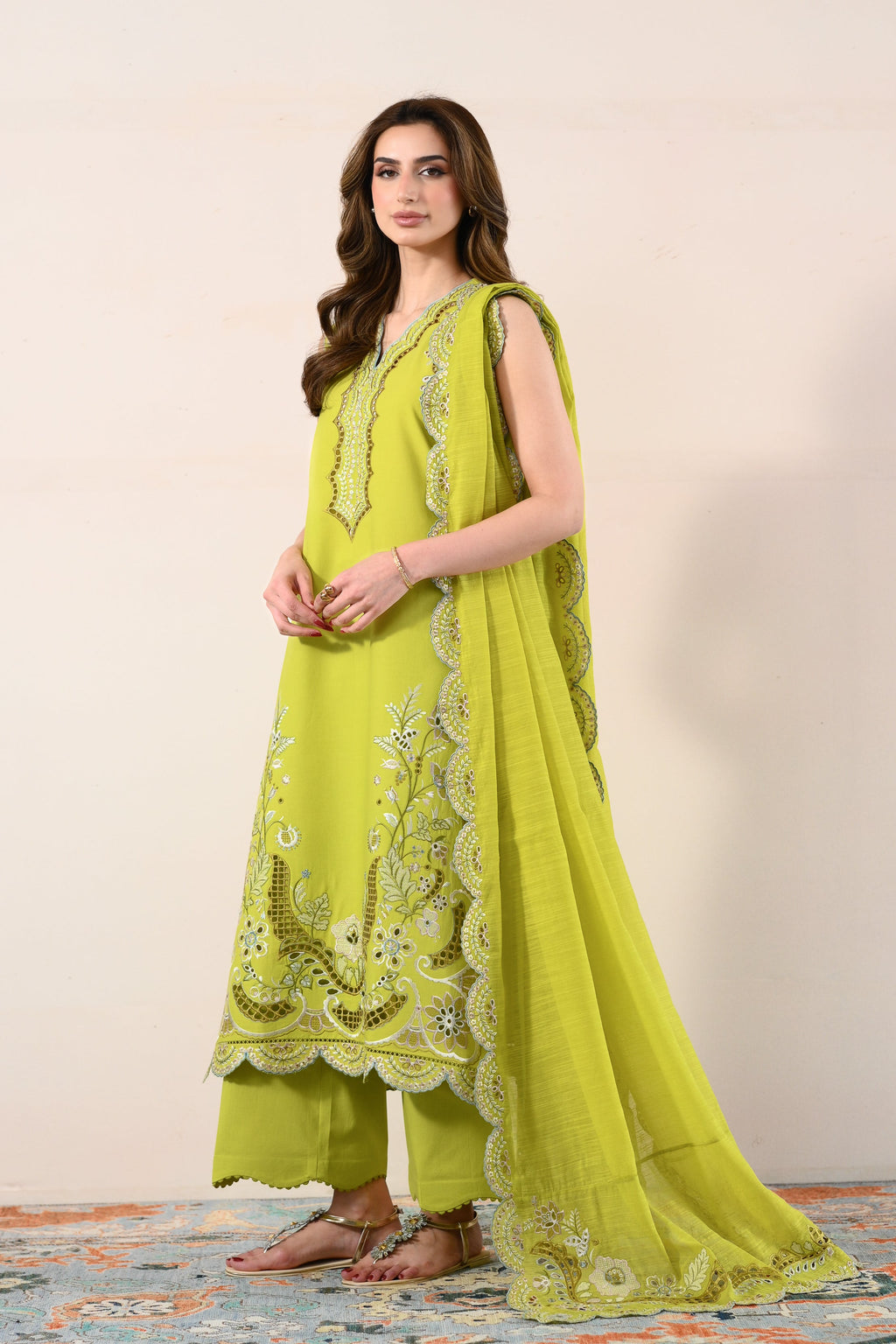 LIME GREEN LUXURY EMBROIDERED LAWN 3PCS SET (NPA3-26416) - READY TO WEAR / READY TO SHIP