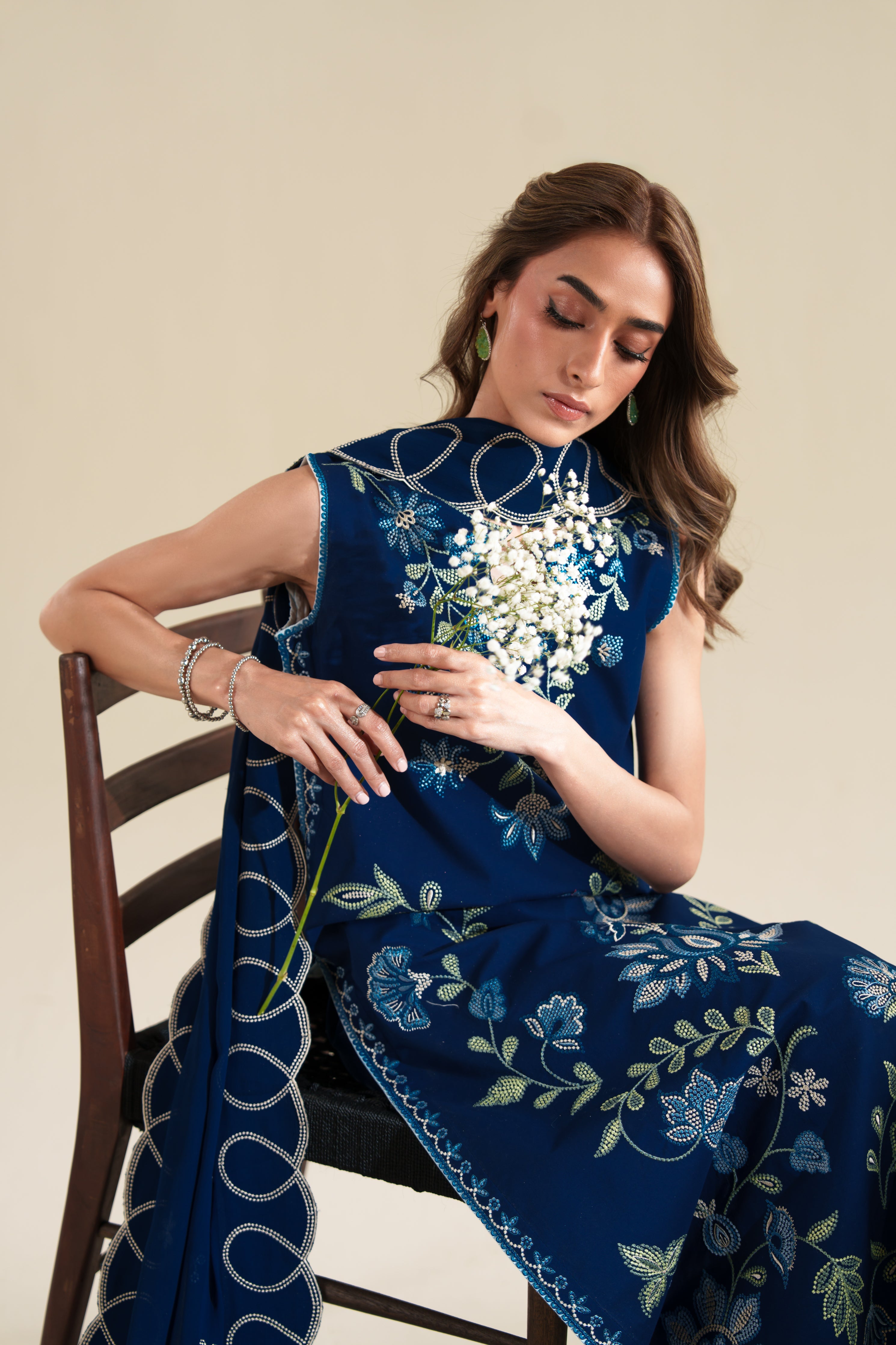 DEEP BLUE LUXURY EMBROIDERED LAWN 3PCS SET (NPA3-26426) - READY TO WEAR READY TO SHIP