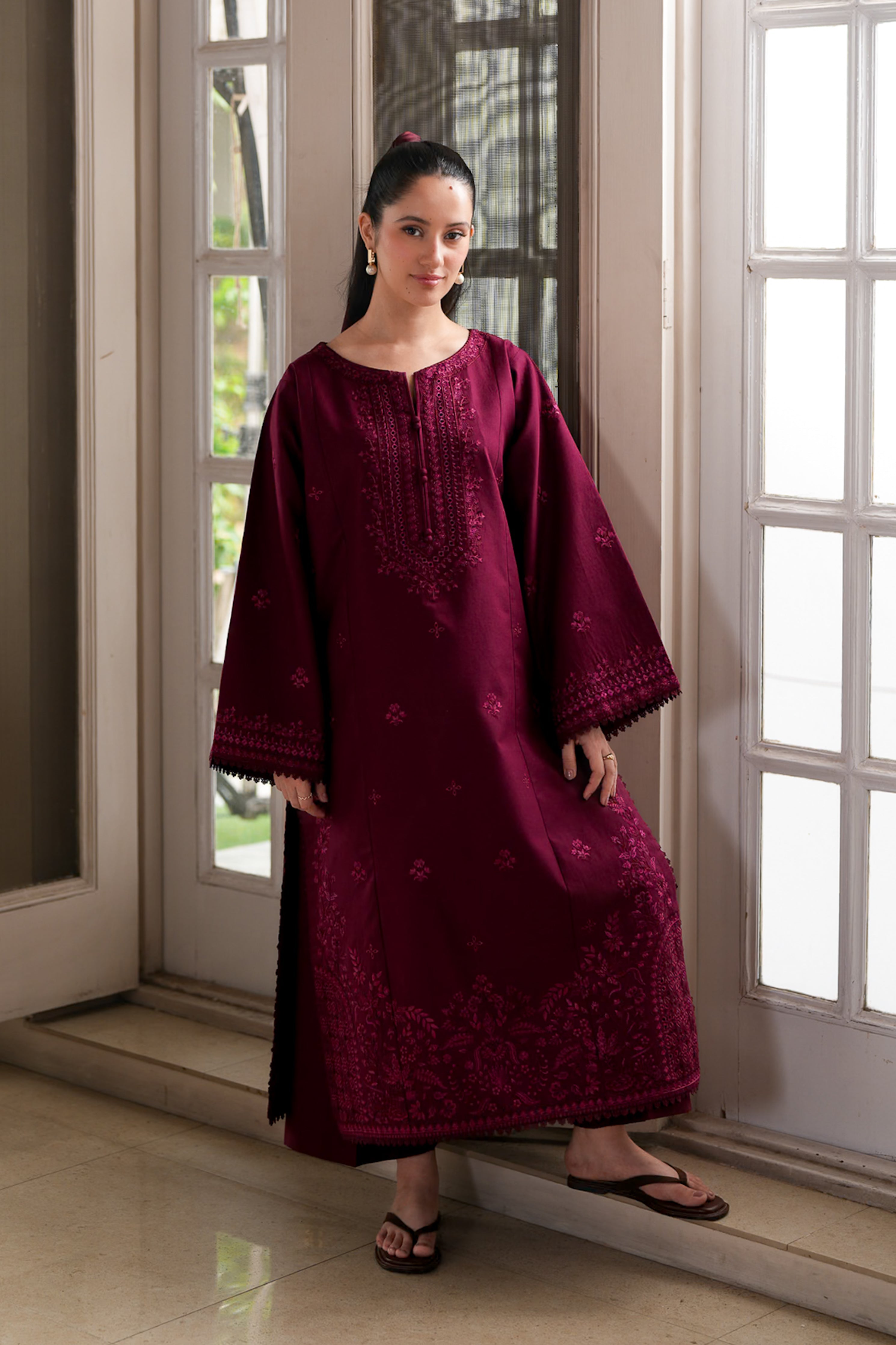 BURGUNDY LUXURY EMBROIDERED LAWN 2PCS SET (NPA2-26301) - READY TO WEAR STAYCATION 2026/ READY TO SHIP