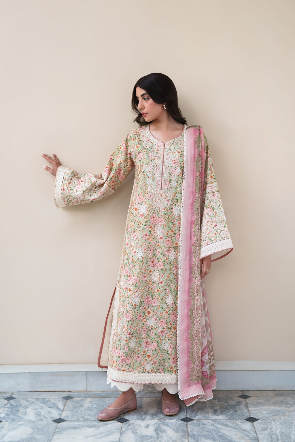 SOFT PISTACHIO LUXURY EMBROIDERED PRINTED PREMIUM COTTON 3PCS SET (NEL-26630)/ READY TO SHIP