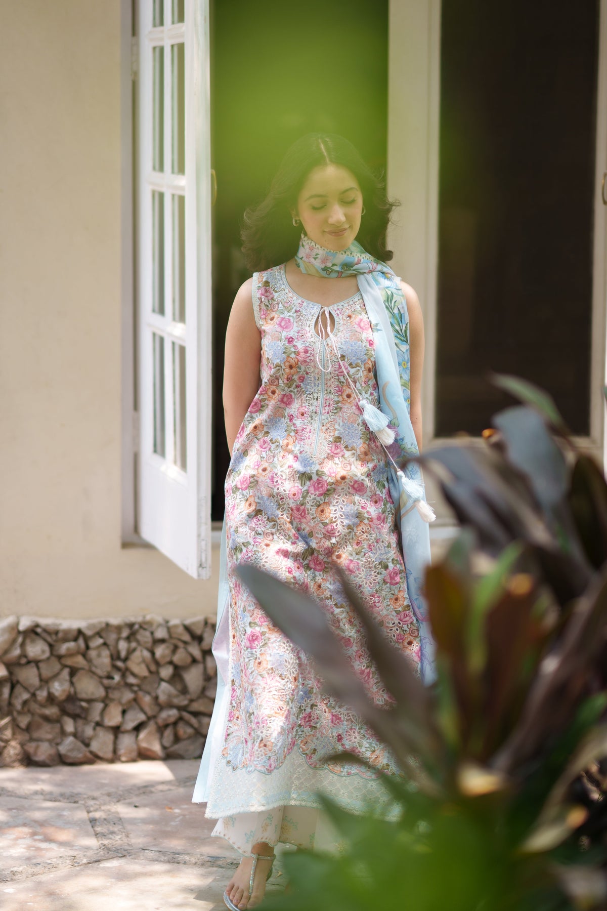 SOFT BLUE LUXURY EMBROIDERED PRINTED  PREMIUM COTTON 3PCS SET (NEL-26628)  / READY TO SHIP