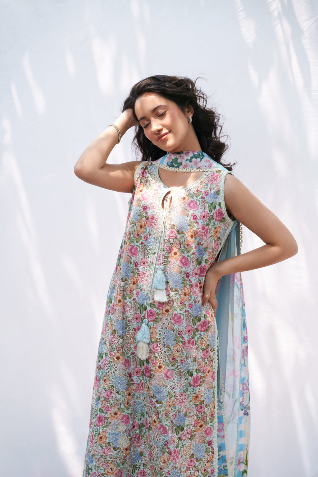 SOFT BLUE LUXURY EMBROIDERED PRINTED  PREMIUM COTTON 3PCS SET (NEL-26628)  / READY TO SHIP
