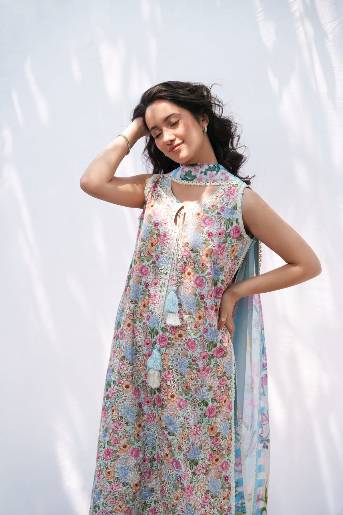 SOFT BLUE LUXURY EMBROIDERED PRINTED  PREMIUM COTTON 3PCS SET (NEL-26628)  / READY TO SHIP