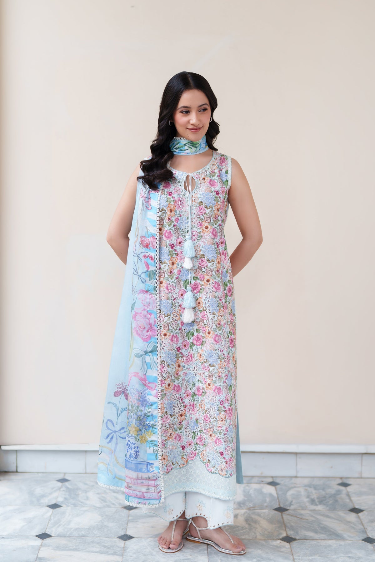 SOFT BLUE LUXURY EMBROIDERED PRINTED  PREMIUM COTTON 3PCS SET (NEL-26628)  / READY TO SHIP