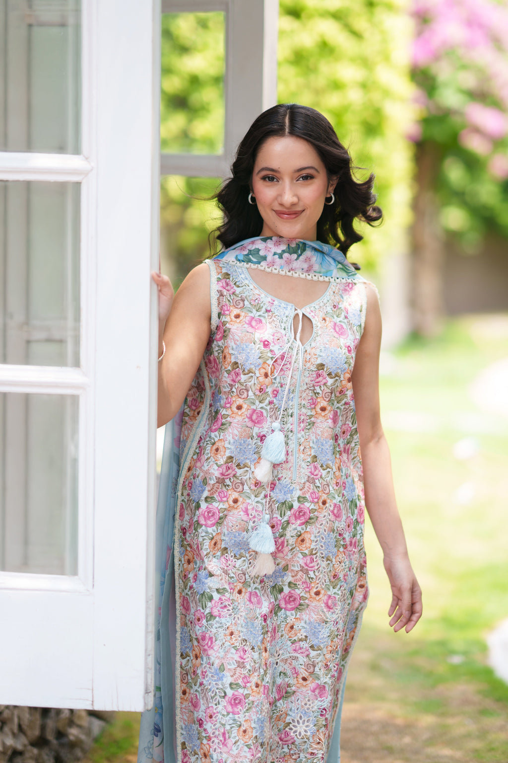 SOFT BLUE LUXURY EMBROIDERED PRINTED  PREMIUM COTTON 3PCS SET (NEL-26628)  / READY TO SHIP