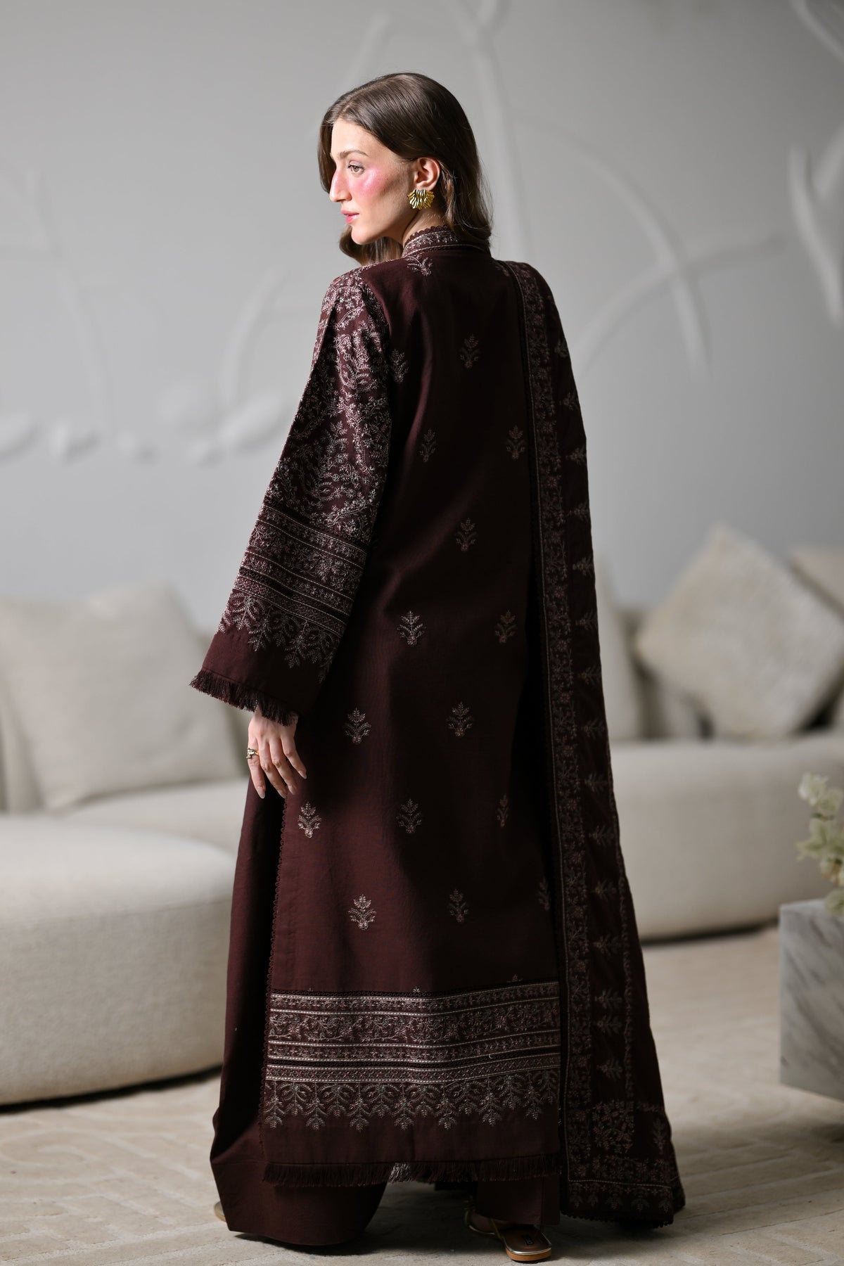 MIRA I - CHOCOLATE BROWN LUXURY EMBROIDERED KARANDI 3PCS SET (NEL-26634) /  READY TO SHIP