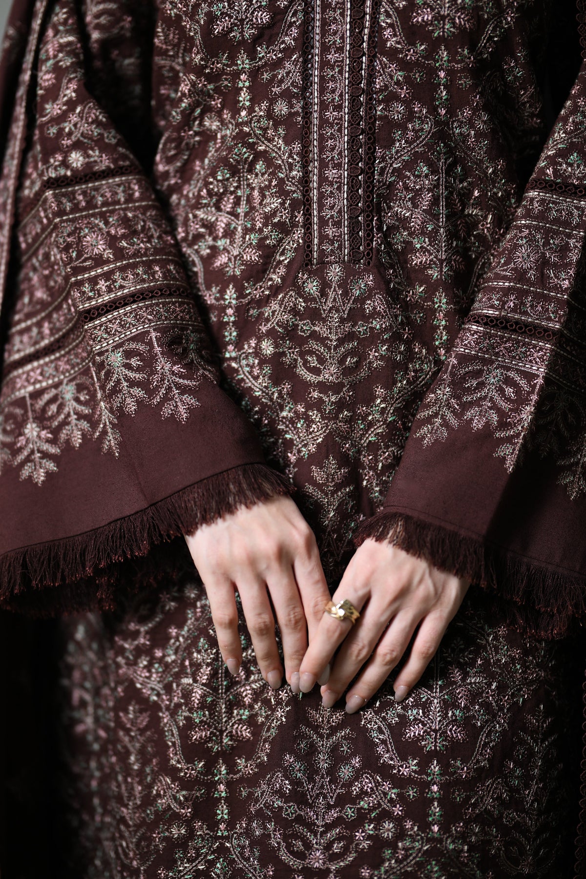 MIRA I - CHOCOLATE BROWN LUXURY EMBROIDERED KARANDI 3PCS SET (NEL-26634) /  READY TO SHIP
