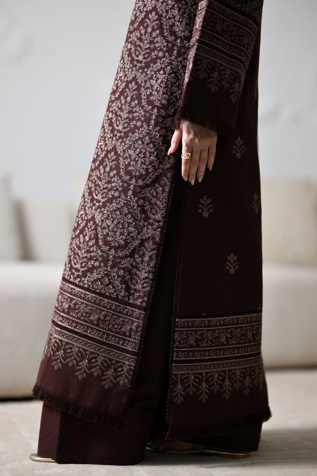 MIRA I - CHOCOLATE BROWN LUXURY EMBROIDERED KARANDI 3PCS SET (NEL-26634) /  READY TO SHIP