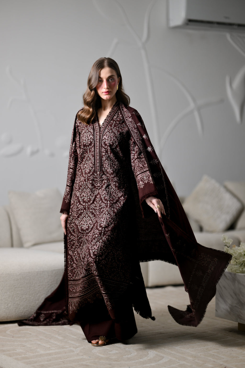 MIRA I - CHOCOLATE BROWN LUXURY EMBROIDERED KARANDI 3PCS SET (NEL-26634) /  READY TO SHIP