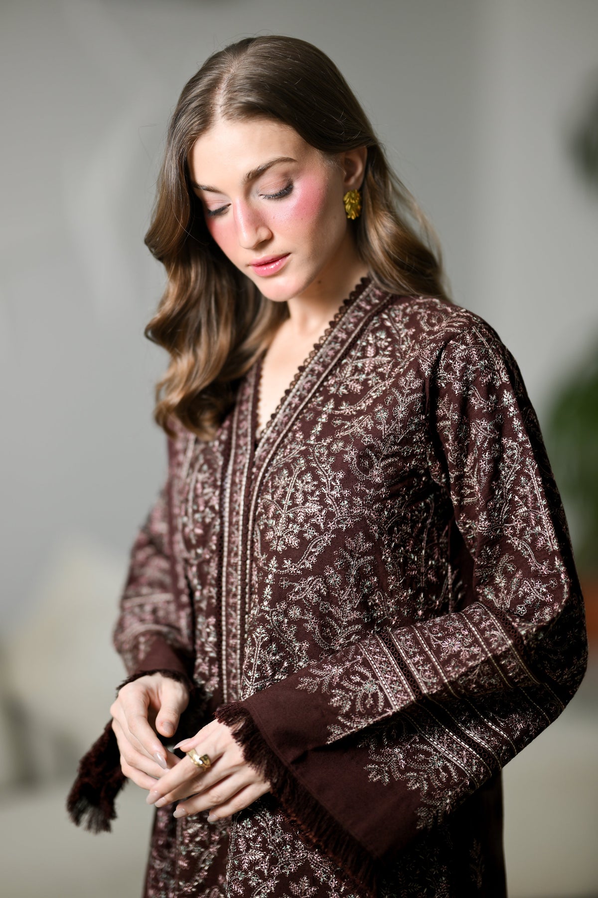 MIRA I - CHOCOLATE BROWN LUXURY EMBROIDERED KARANDI 3PCS SET (NEL-26634) /  READY TO SHIP