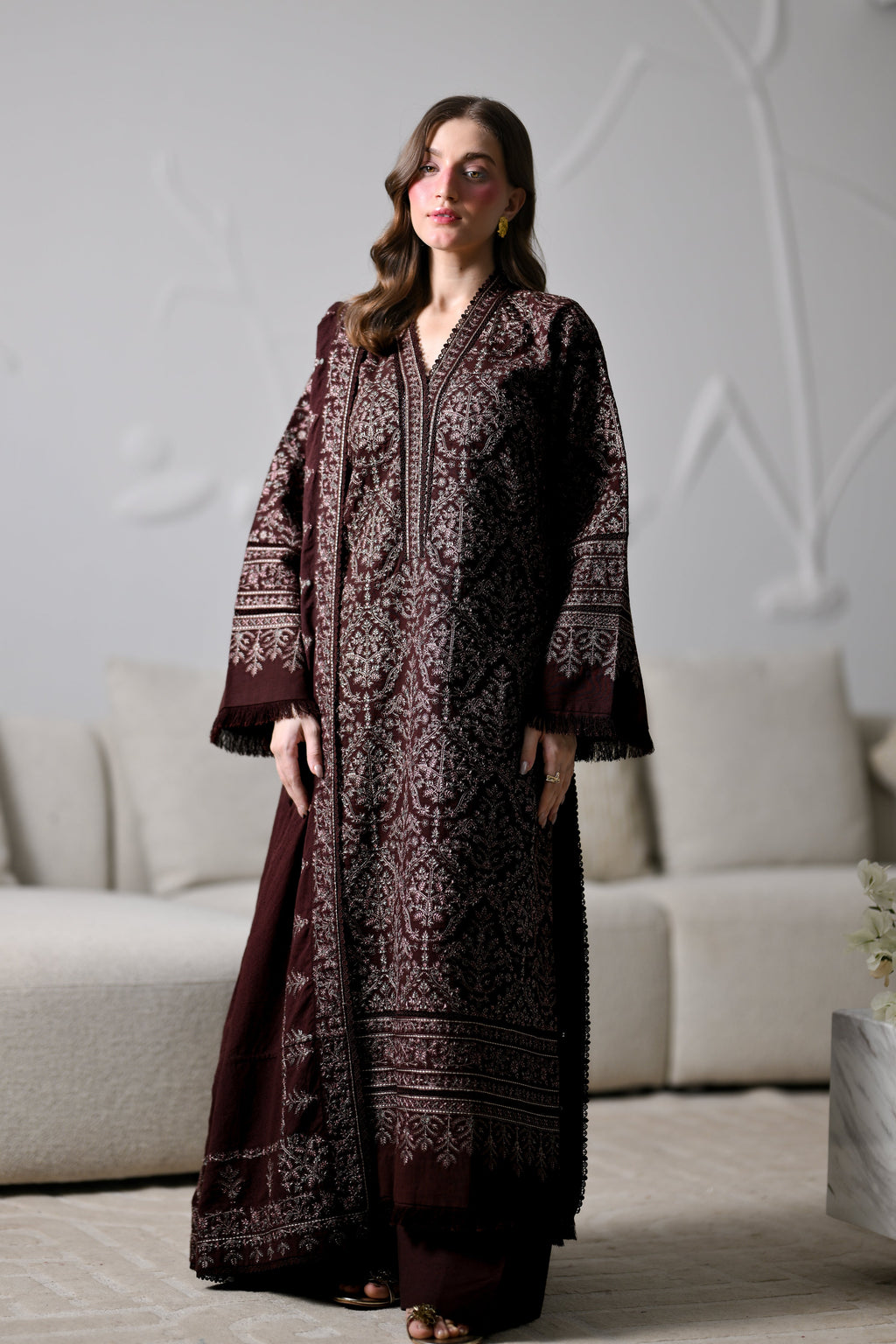 MIRA I - CHOCOLATE BROWN LUXURY EMBROIDERED KARANDI 3PCS SET (NEL-26634) /  READY TO SHIP