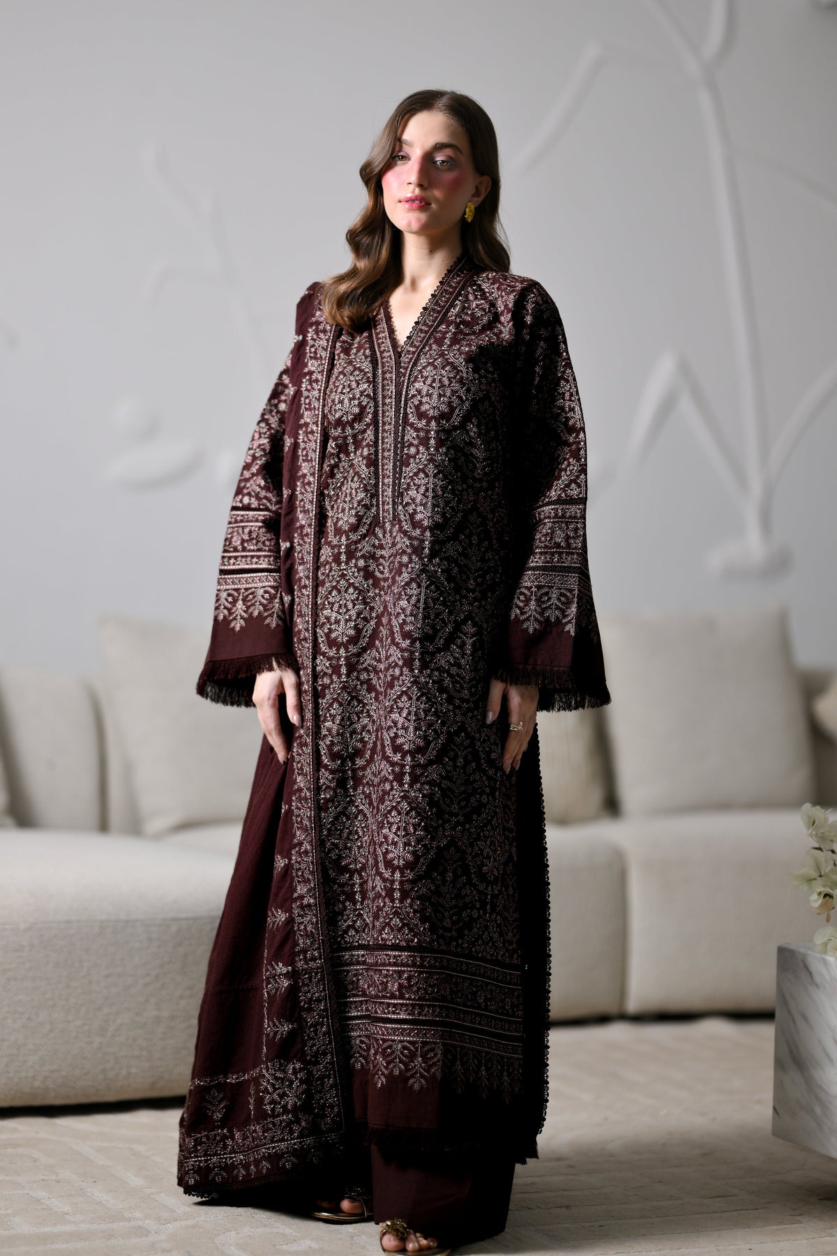 MIRA I - CHOCOLATE BROWN LUXURY EMBROIDERED KARANDI 3PCS SET (NEL-26634) /  READY TO SHIP