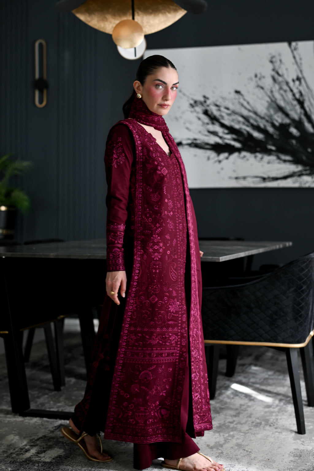 CELIA - BURGUNDY LUXURY EMBROIDERED KARANDI 3PCS SET (NEL-26637)